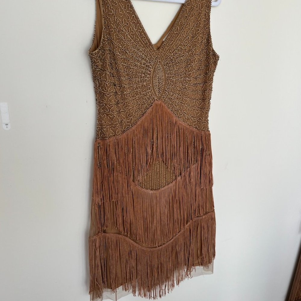 1920s Style Antique Gold Beaded Renee Fringe Cocktail Dress - Picture 2 of 10